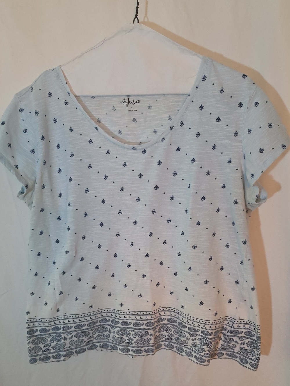 Style & Co. Light Blue Short Sleeve Scoop Neck Tee with Navy Print Hem